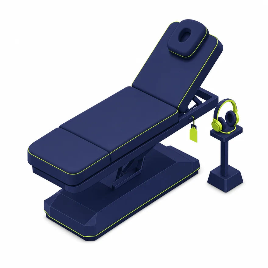 Isometric medspa treatment bed with headset and green reservation tag