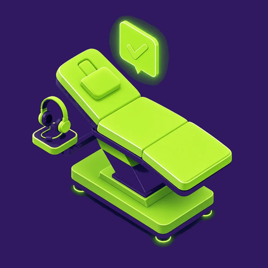 Isometric medspa treatment bed with headset and lime booking tag on navy