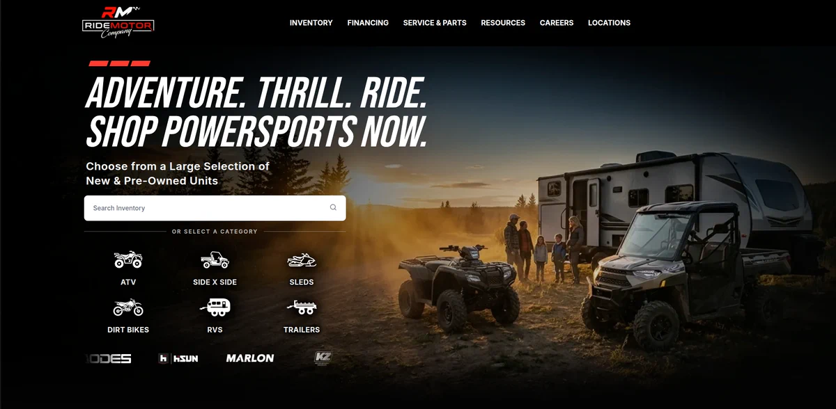 Ride Motor Company homepage showing its inventory search and powersports categories